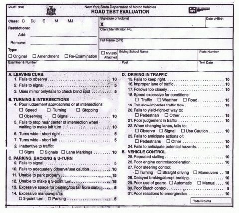 NY Dmv Road Test Scoring Sheet - Deshi Driving School