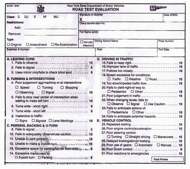 NY dmv road test scoring sheet